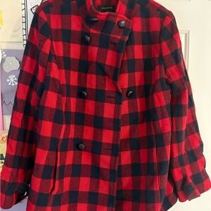 Talbots Women's Red and Navy Blue Checkered Pea Coat